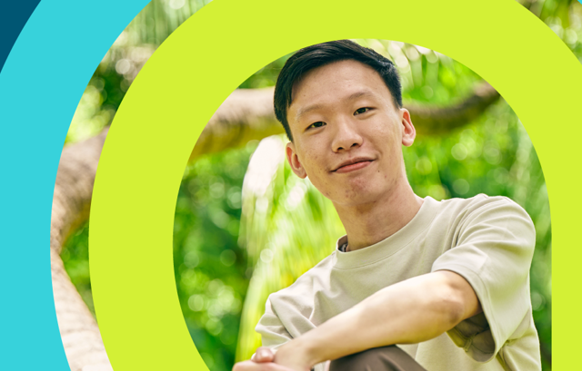 a blue and green background with a blue circle