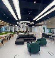 a room with tables and chairs