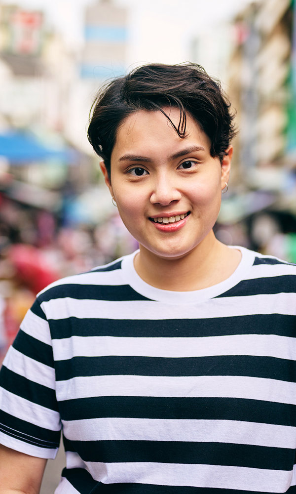 a person in a striped shirt