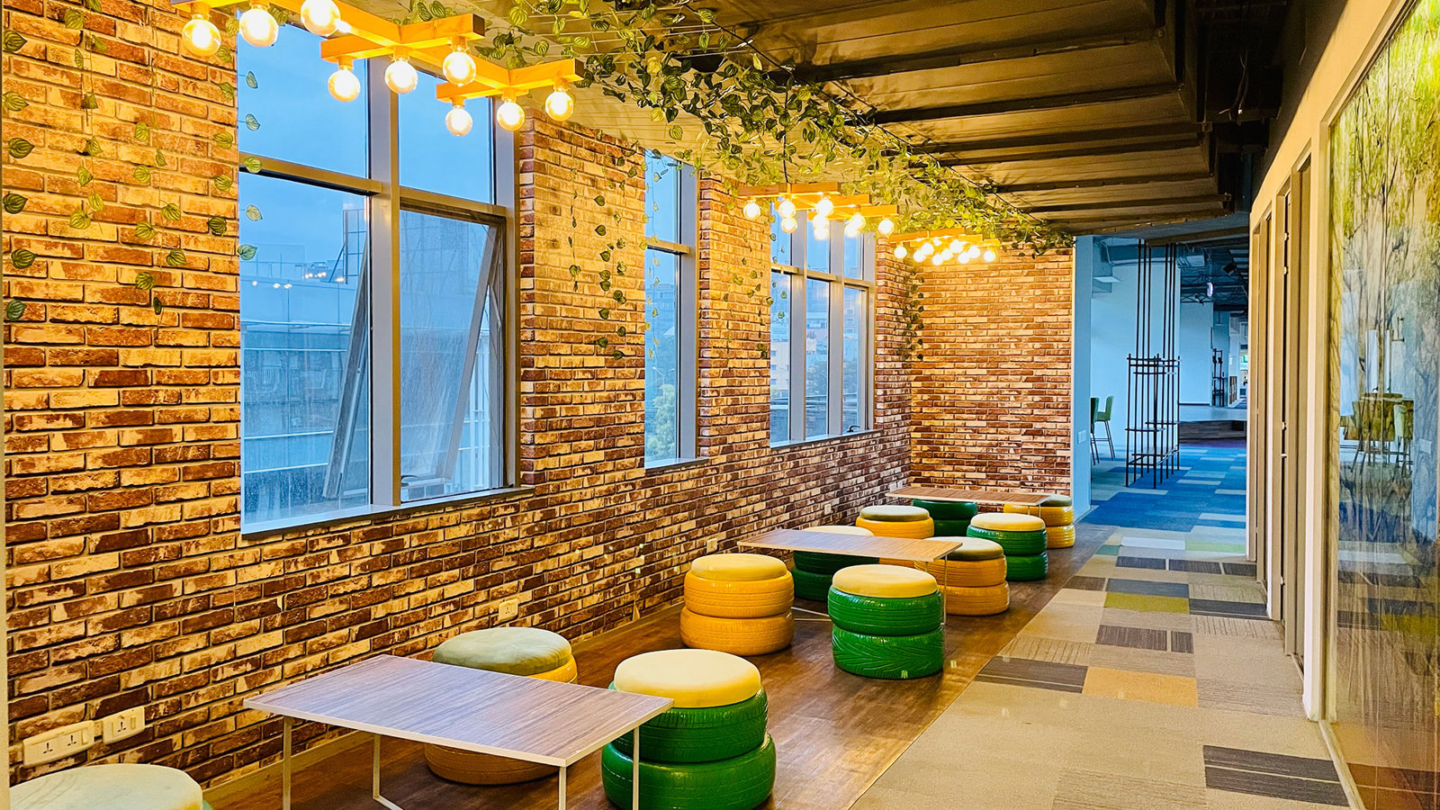 a room with tables and chairs